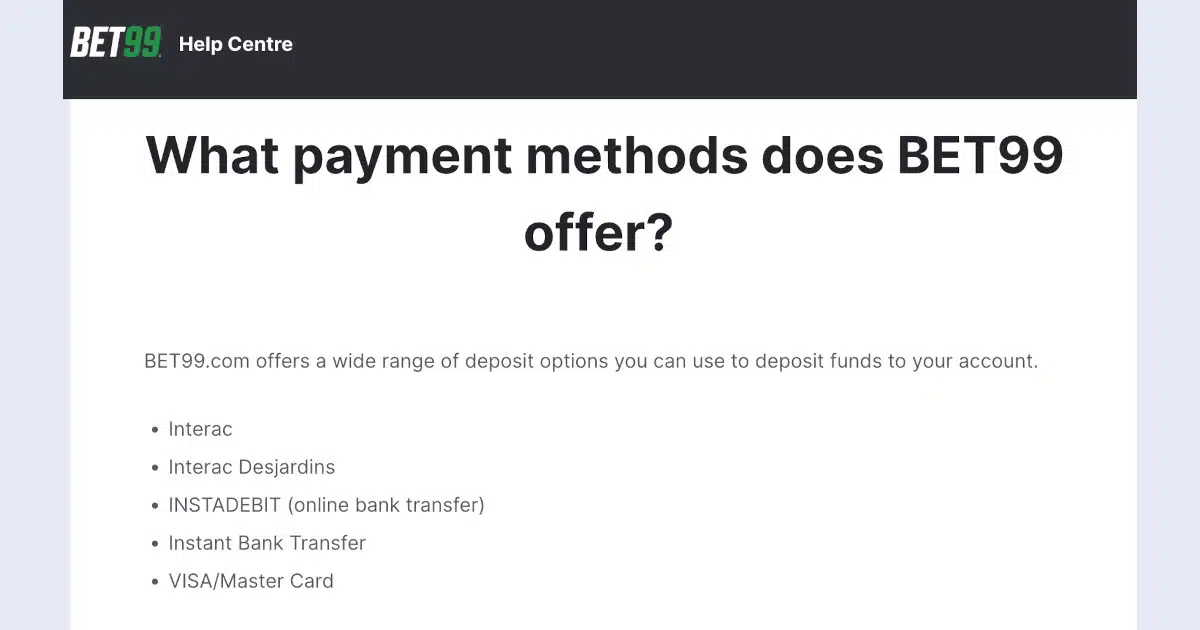 Bet99 Interac payment method