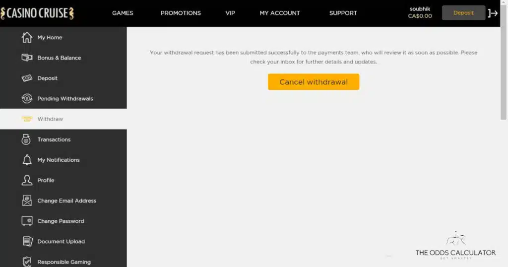 notification that your request of withdrawal is being processed at an Interac casino