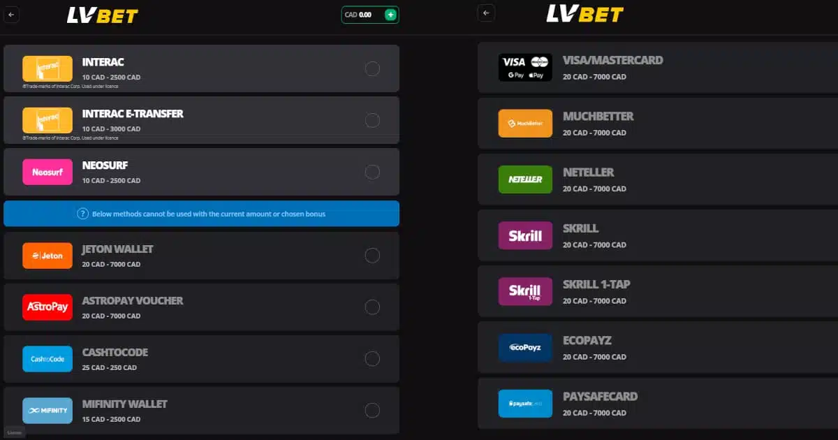 payment methods available to deposit at LVBet Canada