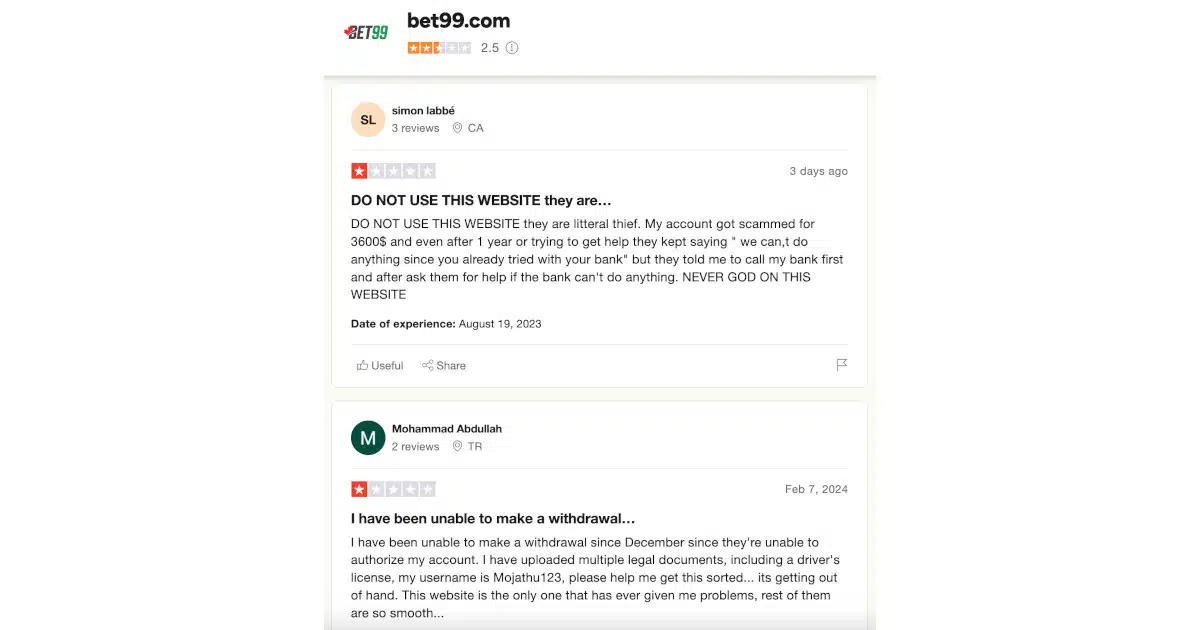 negative bet99 reviews on Trustpilot